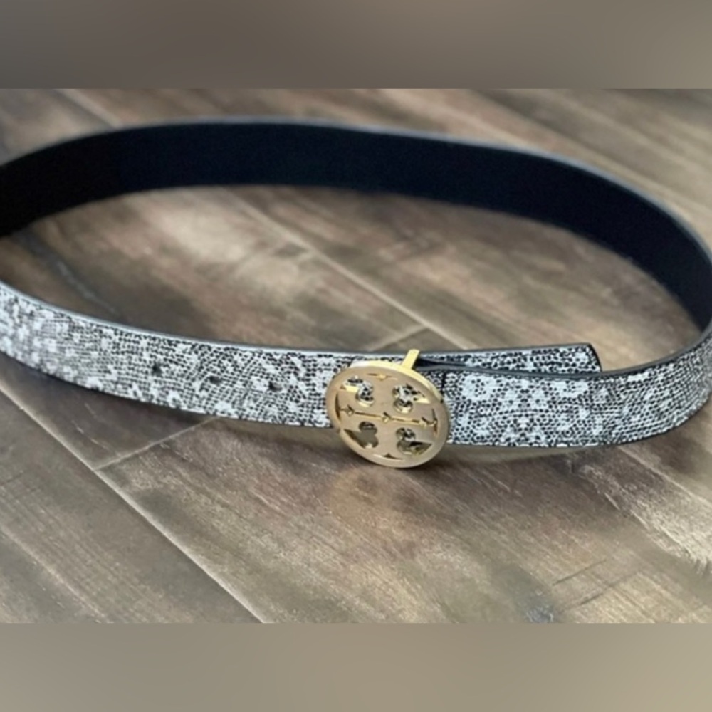 Tory Burch small snake print  Belt with Gold Emblem